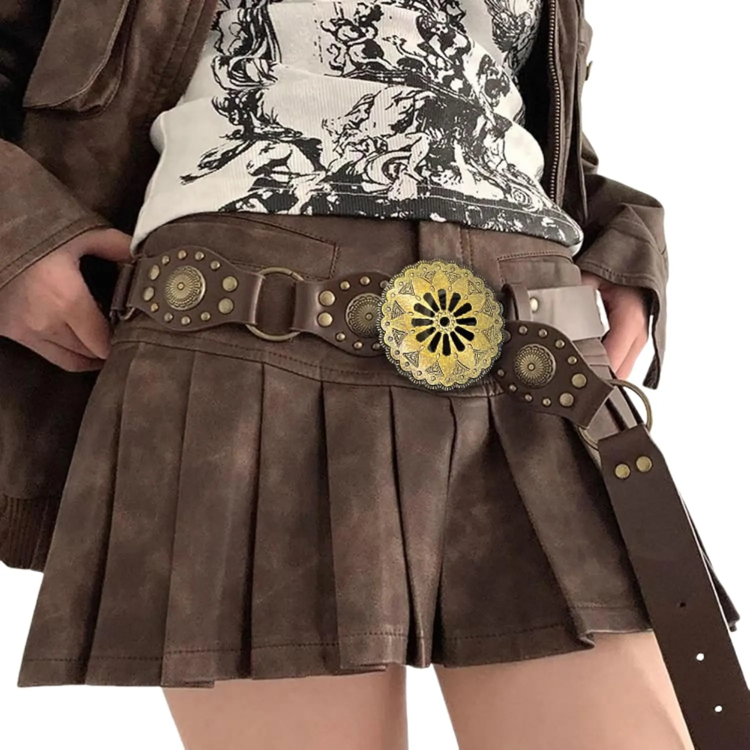 JUMISEE Women Vintage Leather Belt Western Disc Waist Belts Y2K Cowgirl Rivet Concho Belts for Skirts Pants Dress