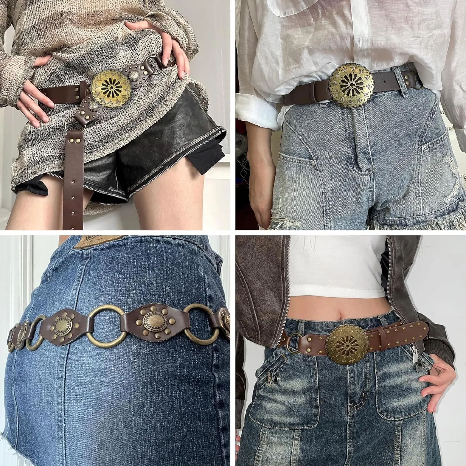 JUMISEE Women Vintage Leather Belt Western Disc Waist Belts Y2K Cowgirl Rivet Concho Belts for Skirts Pants Dress
