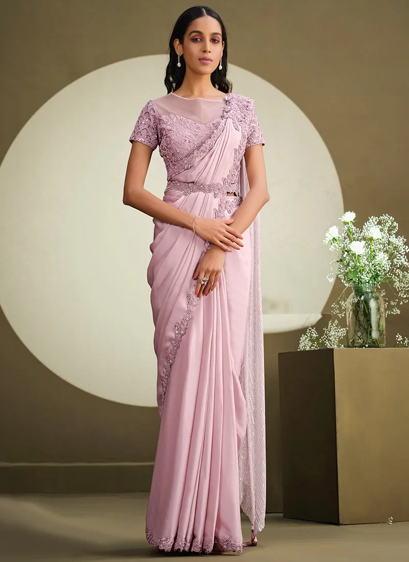 Lilac Purple Sequence Embroidery Designer Saree
