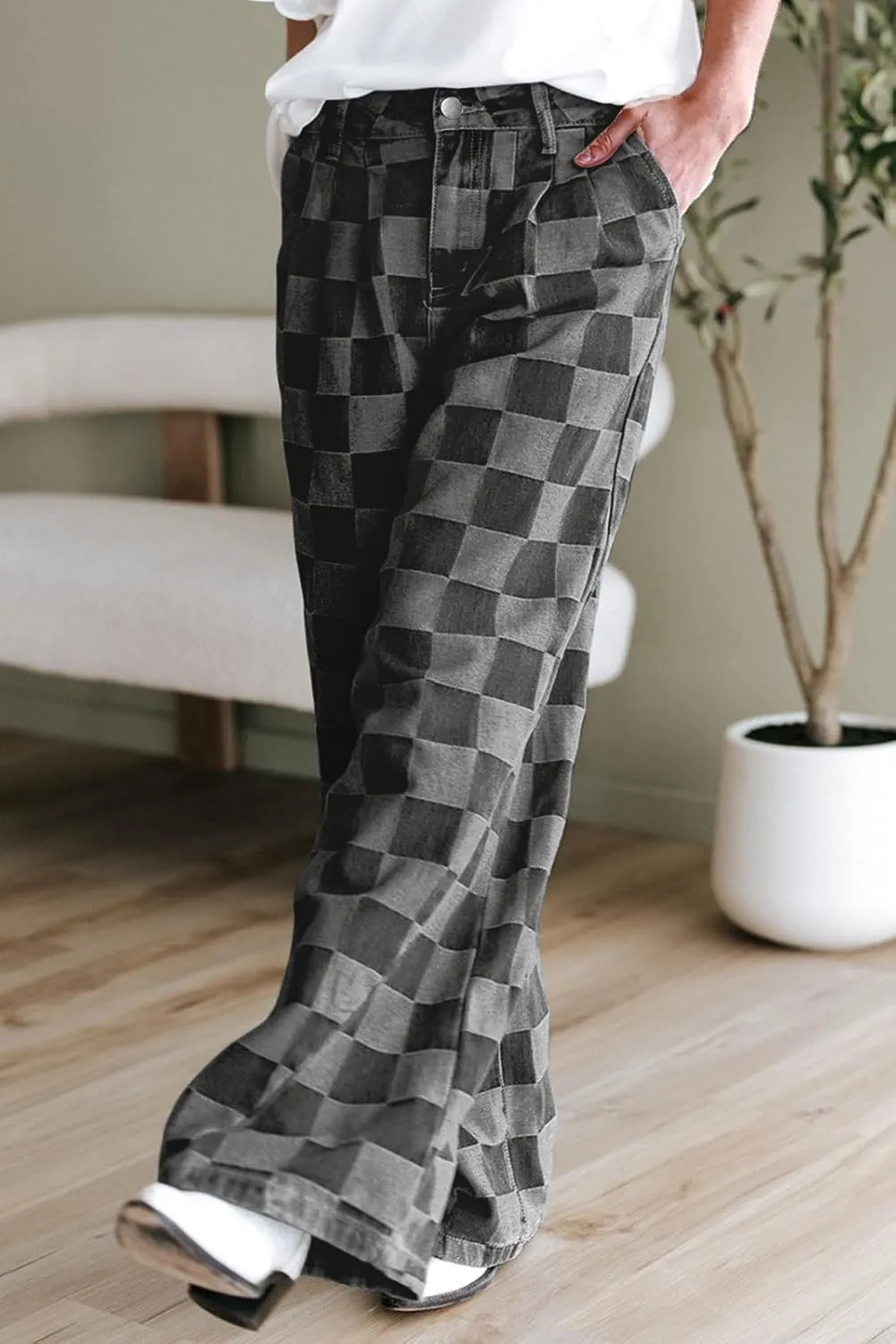 loveimgs Women Baggy Checkered Pants Patterned Denim Wide Leg Jeans Plaid Printed High Waisted Gingham Jeans