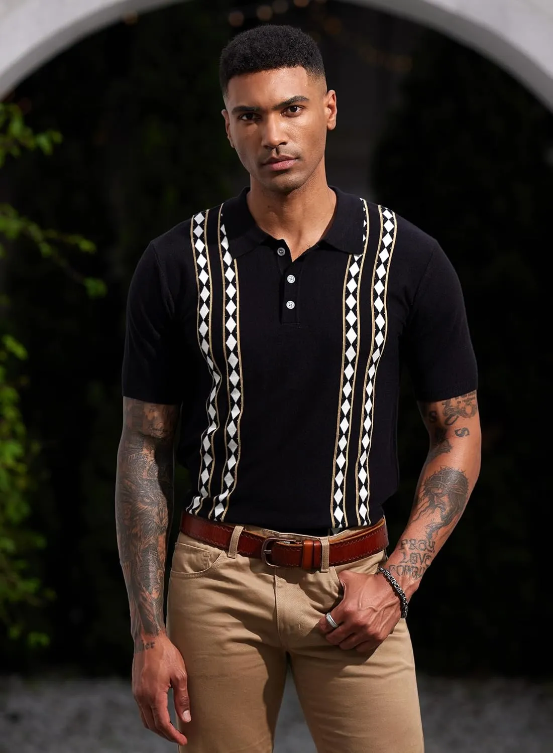 Mainfini Men's Vintage Knit Polo Shirt Casual Button Shirt (S-XXL)