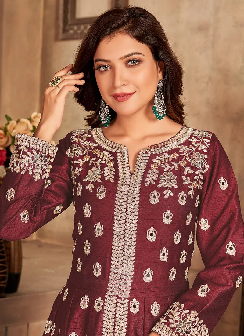 Maroon Embroidery Slit Style Anarkali Pant Suit