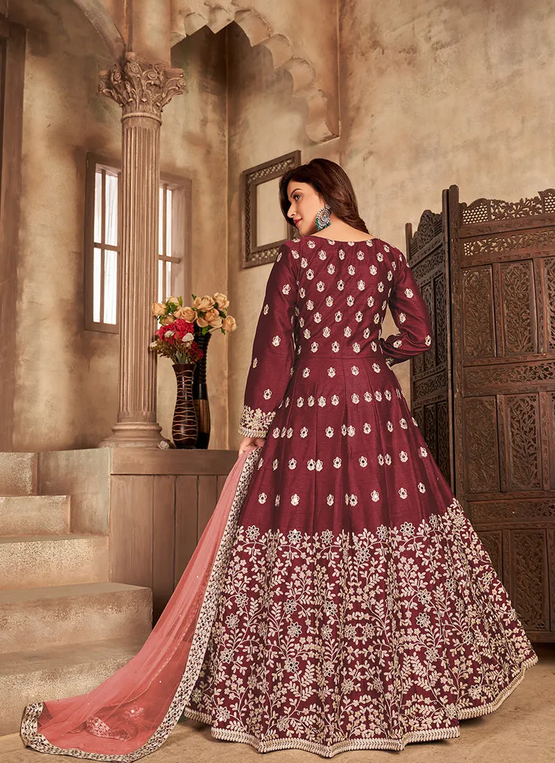 Maroon Embroidery Slit Style Anarkali Pant Suit