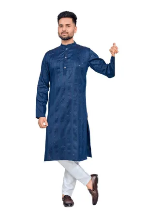 Men's Blue Jacquard Silk Sequence Work Party Wear Kurta With Pajama  Men (Stitched ) - Aastha Fashion Men