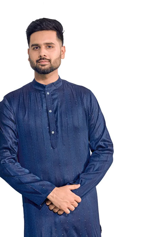 Men's Blue Jacquard Silk Sequence Work Party Wear Kurta With Pajama  Men (Stitched ) - Aastha Fashion Men