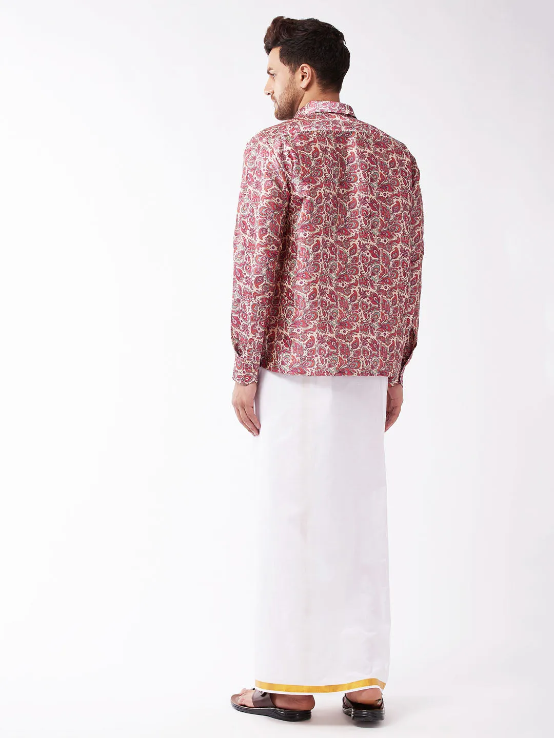 Men's Multicolor-Base-Pink And White Silk Blend Shirt And Mundu - Vastramay