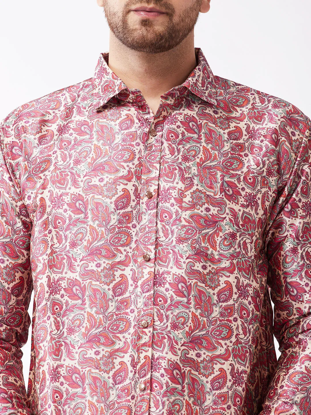Men's Multicolor-Base-Pink And White Silk Blend Shirt And Mundu - Vastramay