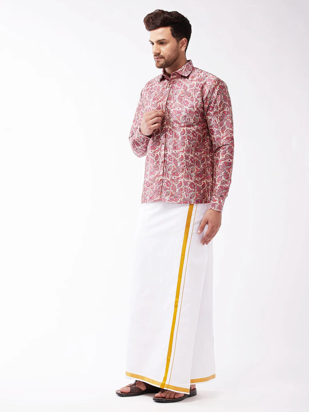 Men's Multicolor-Base-Pink And White Silk Blend Shirt And Mundu - Vastramay
