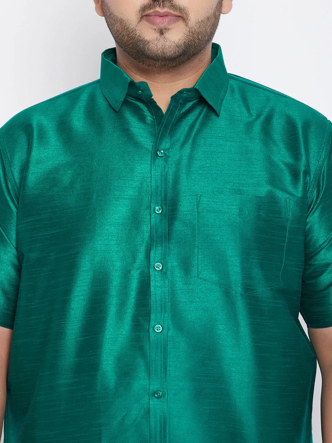 Men's Plus Green And White Silk Blend Shirt And Mundu Set - Vastramay