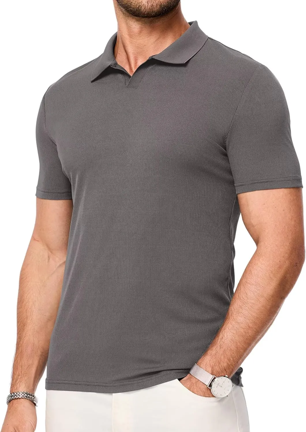 Mens Polo Shirts Short Sleeve V Neck Summer Polo T Shirts Casual Slim Fit Ribbed Textured Golf Shirts