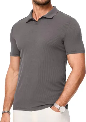 Mens Polo Shirts Short Sleeve V Neck Summer Polo T Shirts Casual Slim Fit Ribbed Textured Golf Shirts