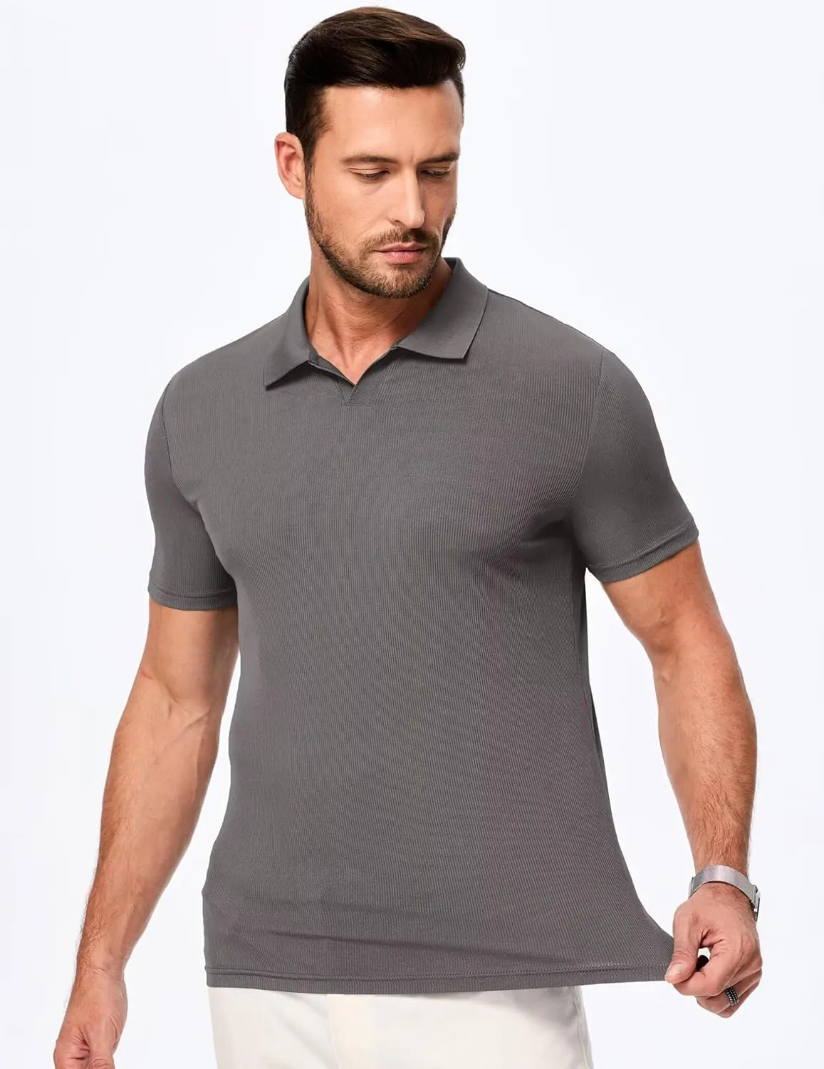 Mens Polo Shirts Short Sleeve V Neck Summer Polo T Shirts Casual Slim Fit Ribbed Textured Golf Shirts