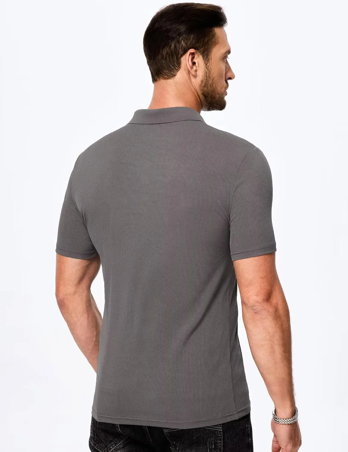 Mens Polo Shirts Short Sleeve V Neck Summer Polo T Shirts Casual Slim Fit Ribbed Textured Golf Shirts