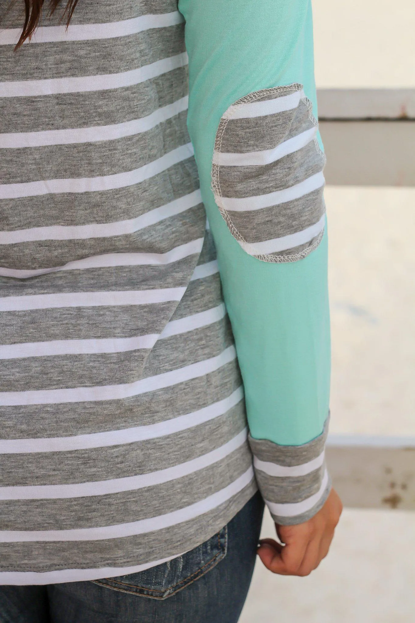 Mint Striped Top with Elbow Patches