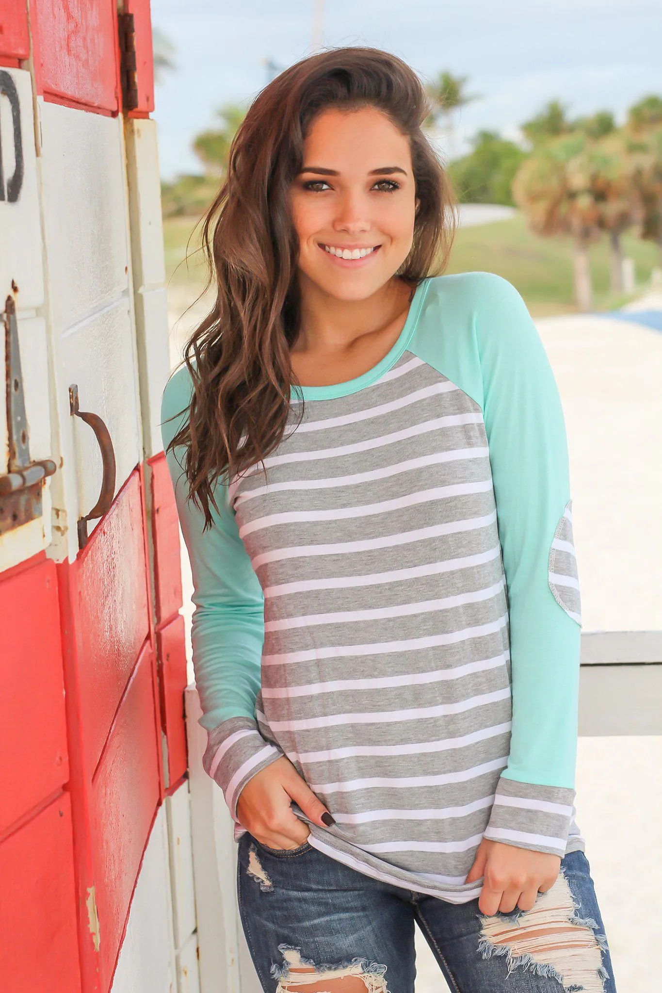 Mint Striped Top with Elbow Patches