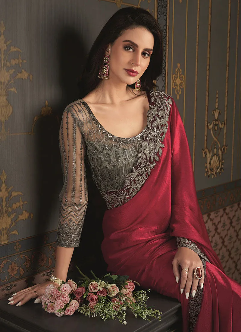 Rouge Red Sequence Embroidery Saree