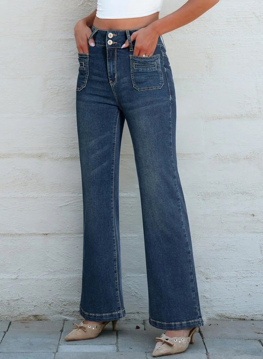 Sidefeel Women's Wide Leg Jeans High Waisted Tummy Control Stretchy Pockets Front Straight Leg Jeans