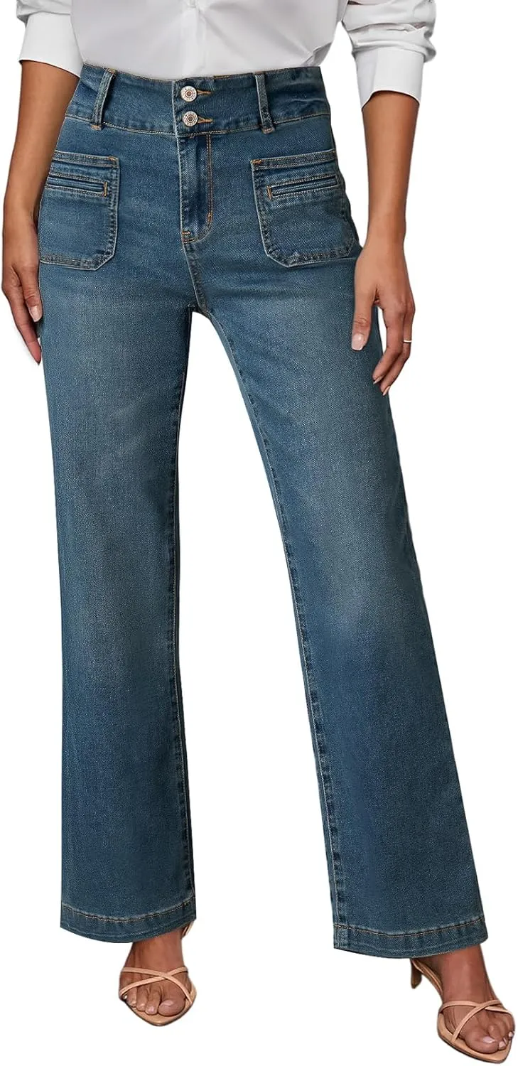 Sidefeel Women's Wide Leg Jeans High Waisted Tummy Control Stretchy Pockets Front Straight Leg Jeans