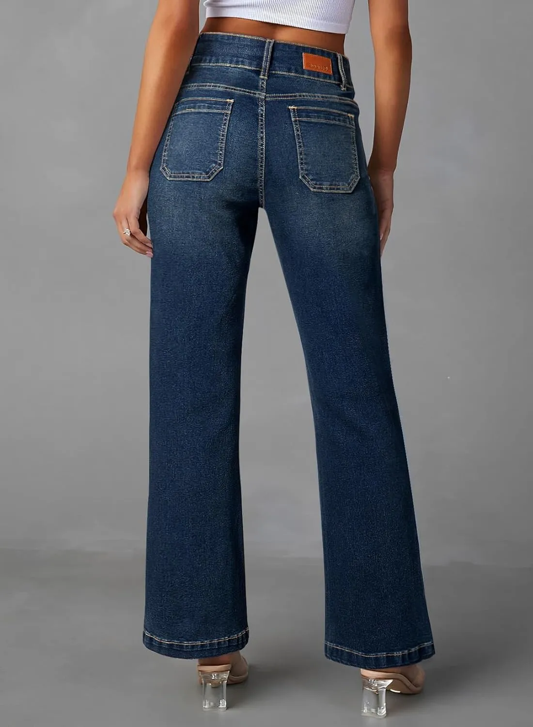 Sidefeel Women's Wide Leg Jeans High Waisted Tummy Control Stretchy Pockets Front Straight Leg Jeans