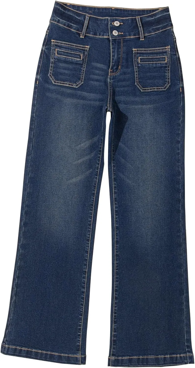 Sidefeel Women's Wide Leg Jeans High Waisted Tummy Control Stretchy Pockets Front Straight Leg Jeans