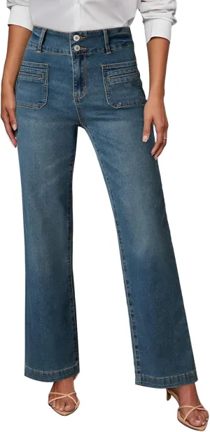 Sidefeel Women's Wide Leg Jeans High Waisted Tummy Control Stretchy Pockets Front Straight Leg Jeans