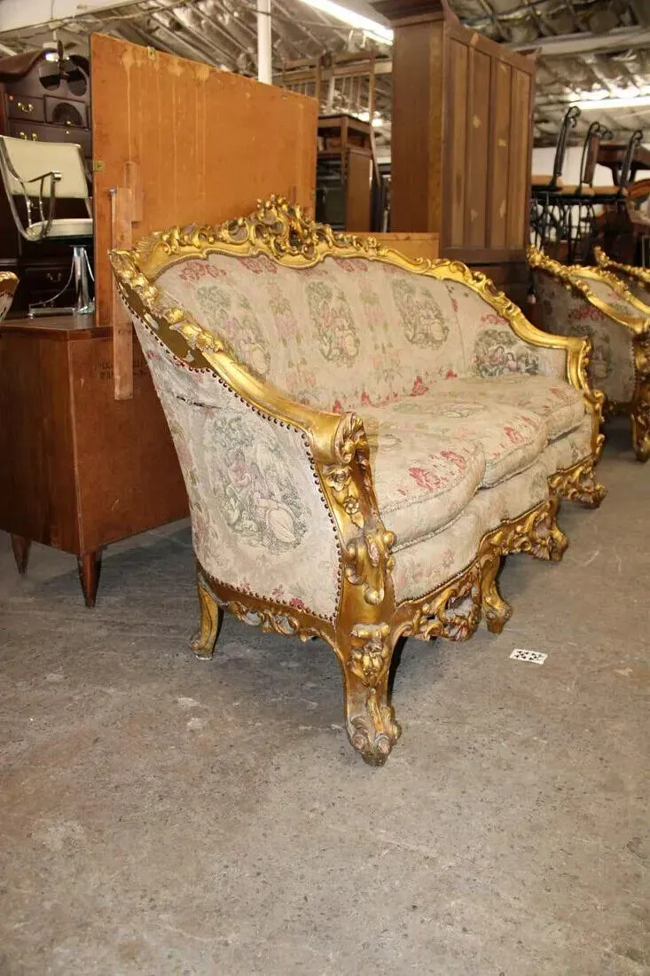 Sofa, Chairs (2), Highly Carved, Ornate, Gold Gilt, Embroidery,Vintage / Antique