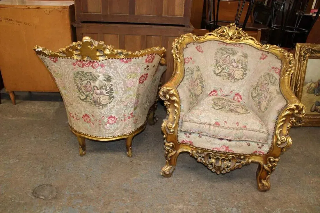 Sofa, Chairs (2), Highly Carved, Ornate, Gold Gilt, Embroidery,Vintage / Antique