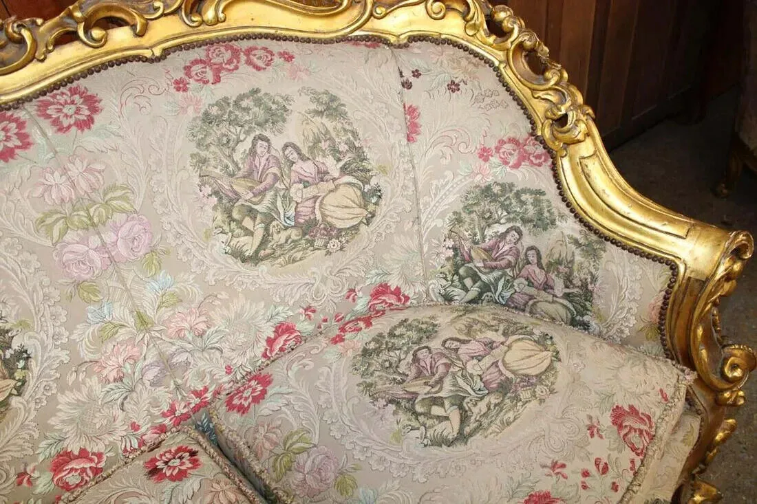 Sofa, Chairs (2), Highly Carved, Ornate, Gold Gilt, Embroidery,Vintage / Antique