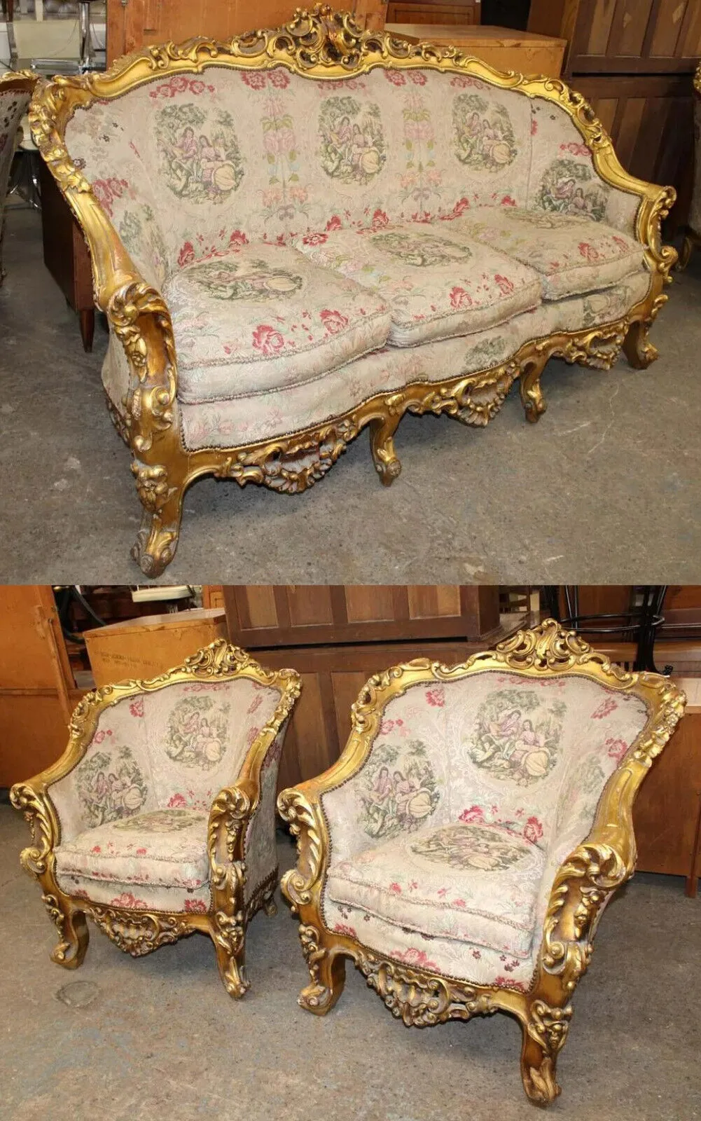Sofa, Chairs (2), Highly Carved, Ornate, Gold Gilt, Embroidery,Vintage / Antique