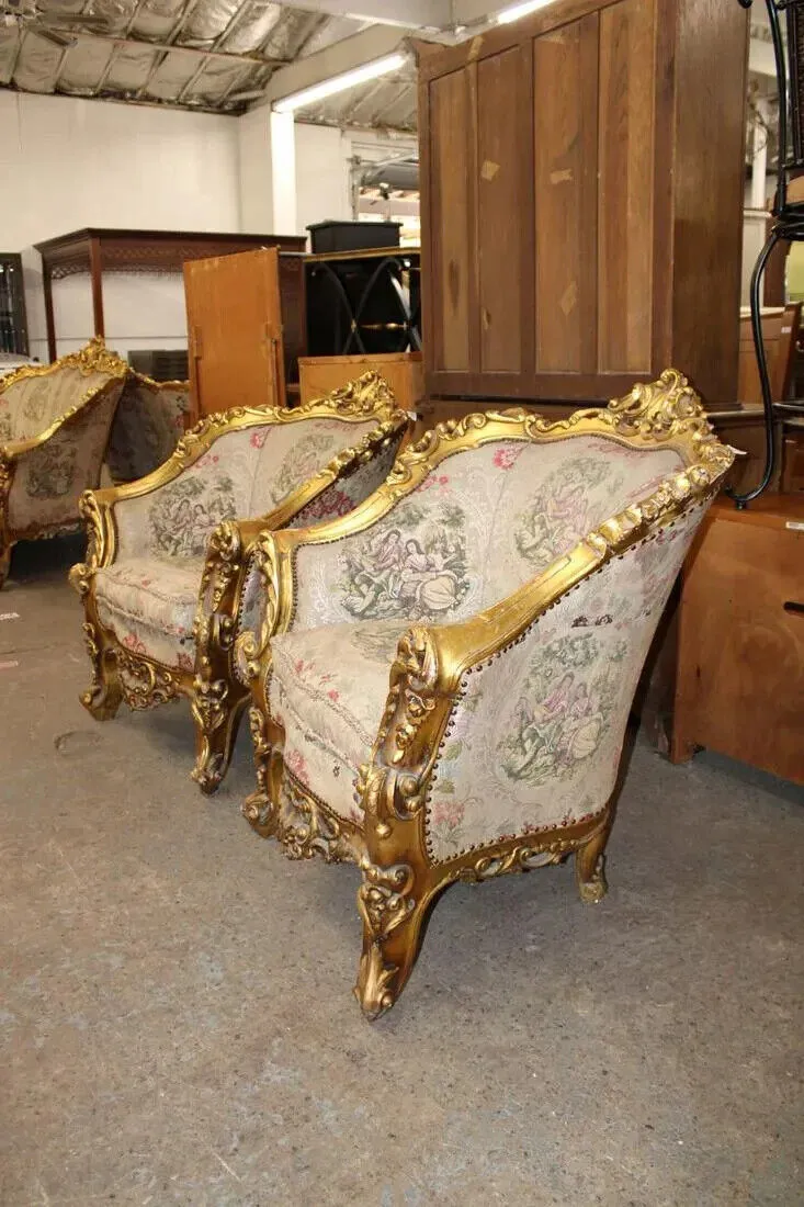 Sofa, Chairs (2), Highly Carved, Ornate, Gold Gilt, Embroidery,Vintage / Antique