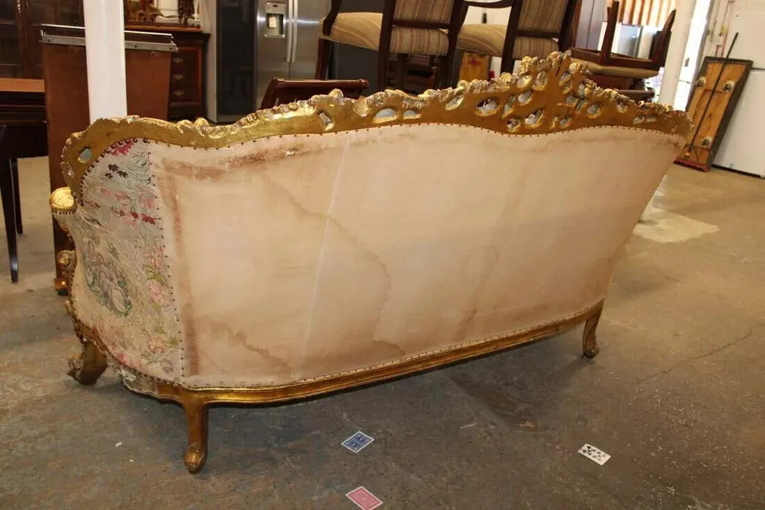 Sofa, Chairs (2), Highly Carved, Ornate, Gold Gilt, Embroidery,Vintage / Antique