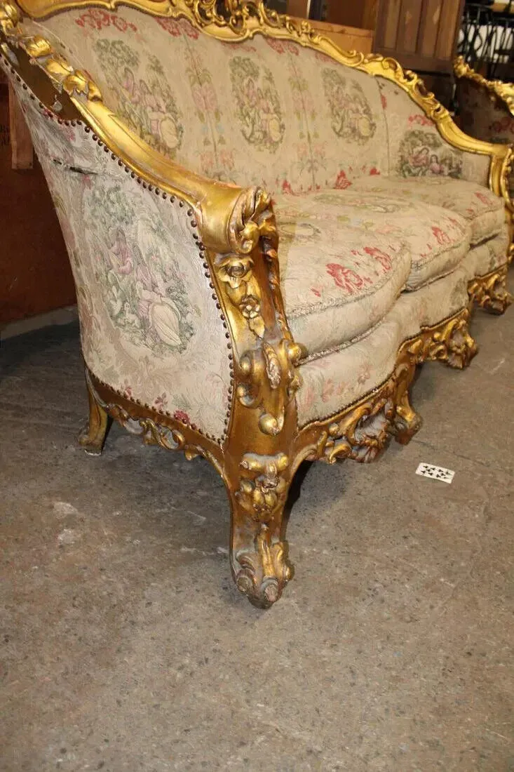 Sofa, Chairs (2), Highly Carved, Ornate, Gold Gilt, Embroidery,Vintage / Antique