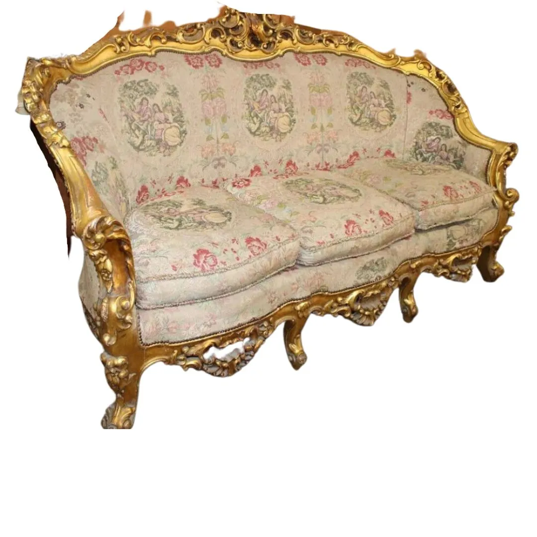 Sofa, Chairs (2), Highly Carved, Ornate, Gold Gilt, Embroidery,Vintage / Antique