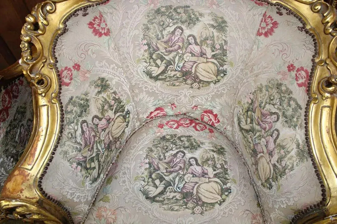 Sofa, Chairs (2), Highly Carved, Ornate, Gold Gilt, Embroidery,Vintage / Antique