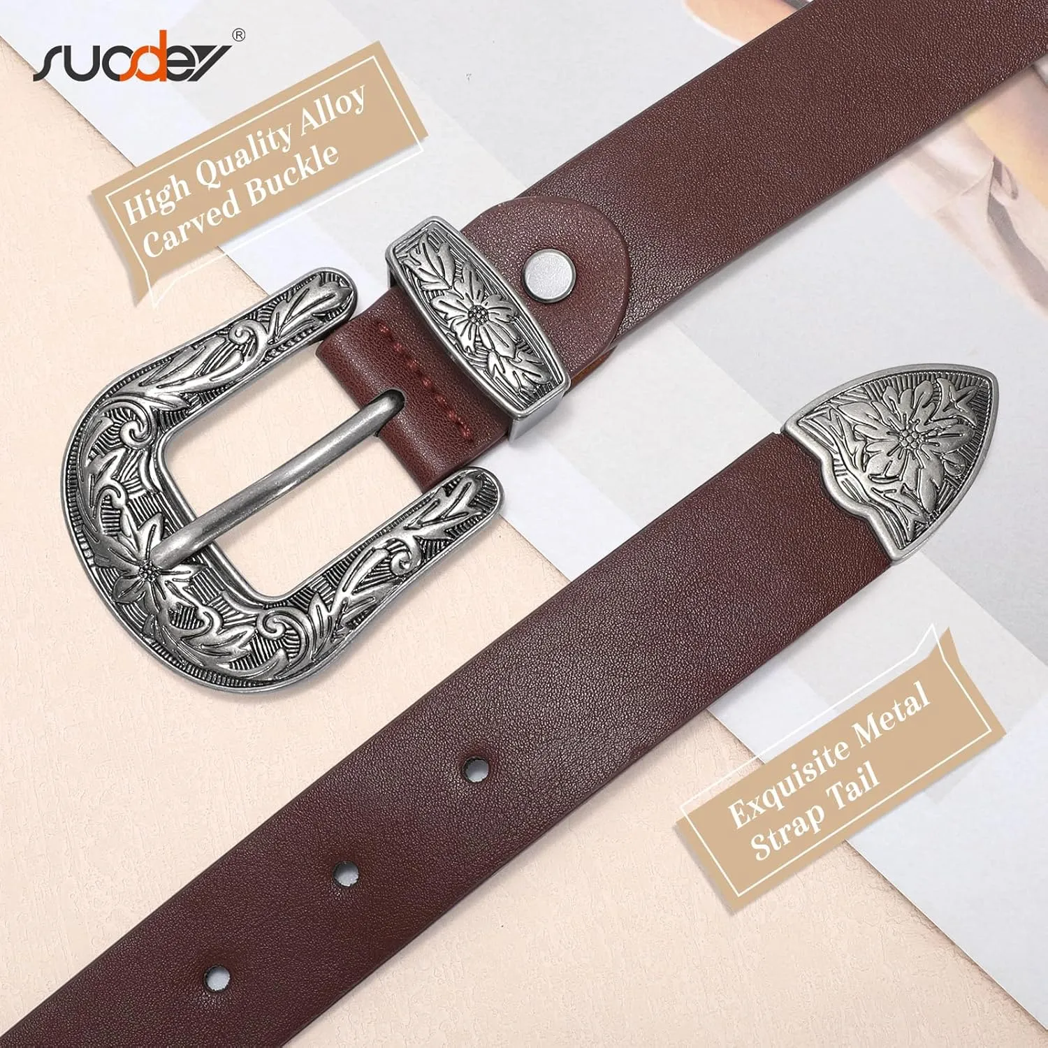SUOSDEY Western Leather Belts for Women with Vintage Metal Buckle Belt