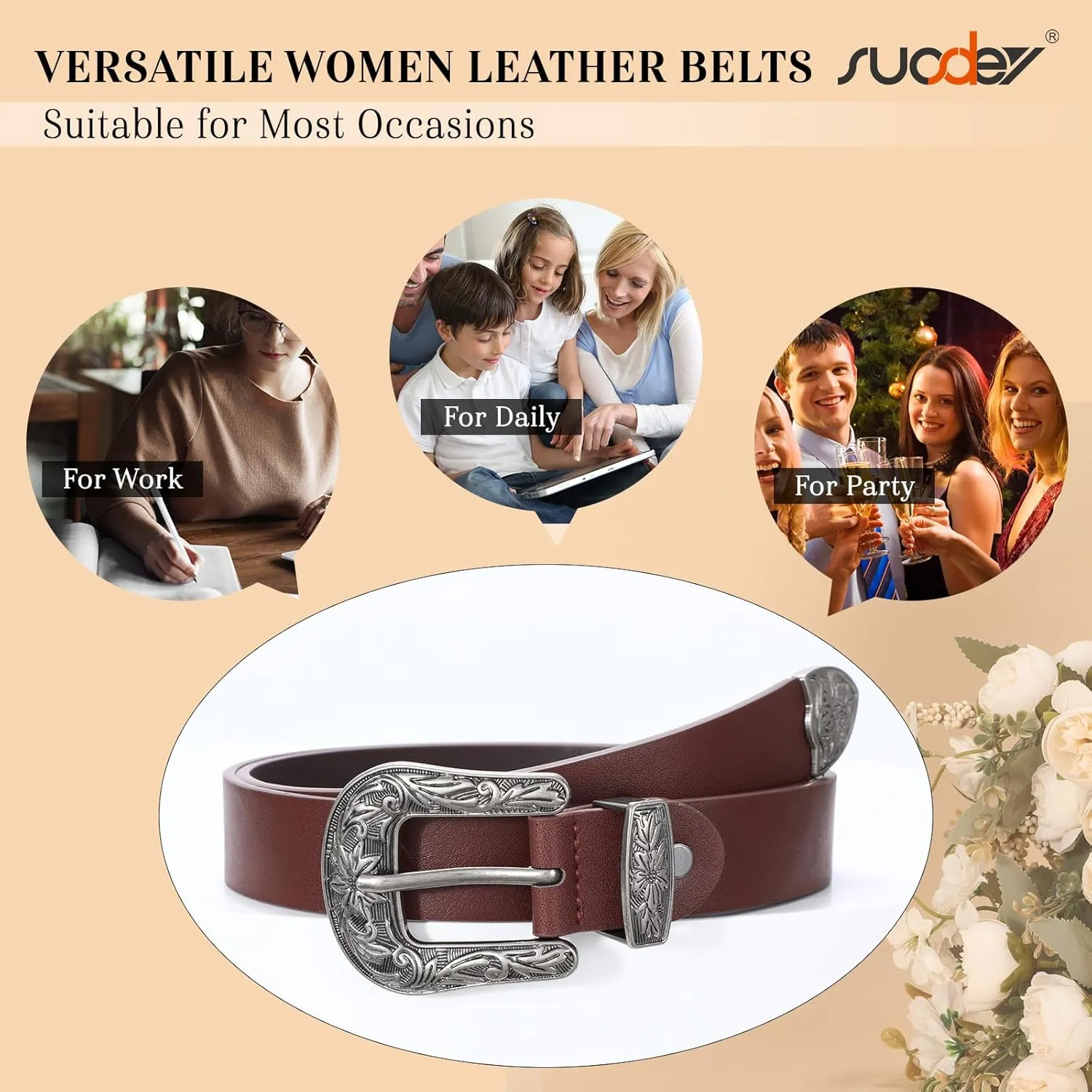 SUOSDEY Western Leather Belts for Women with Vintage Metal Buckle Belt