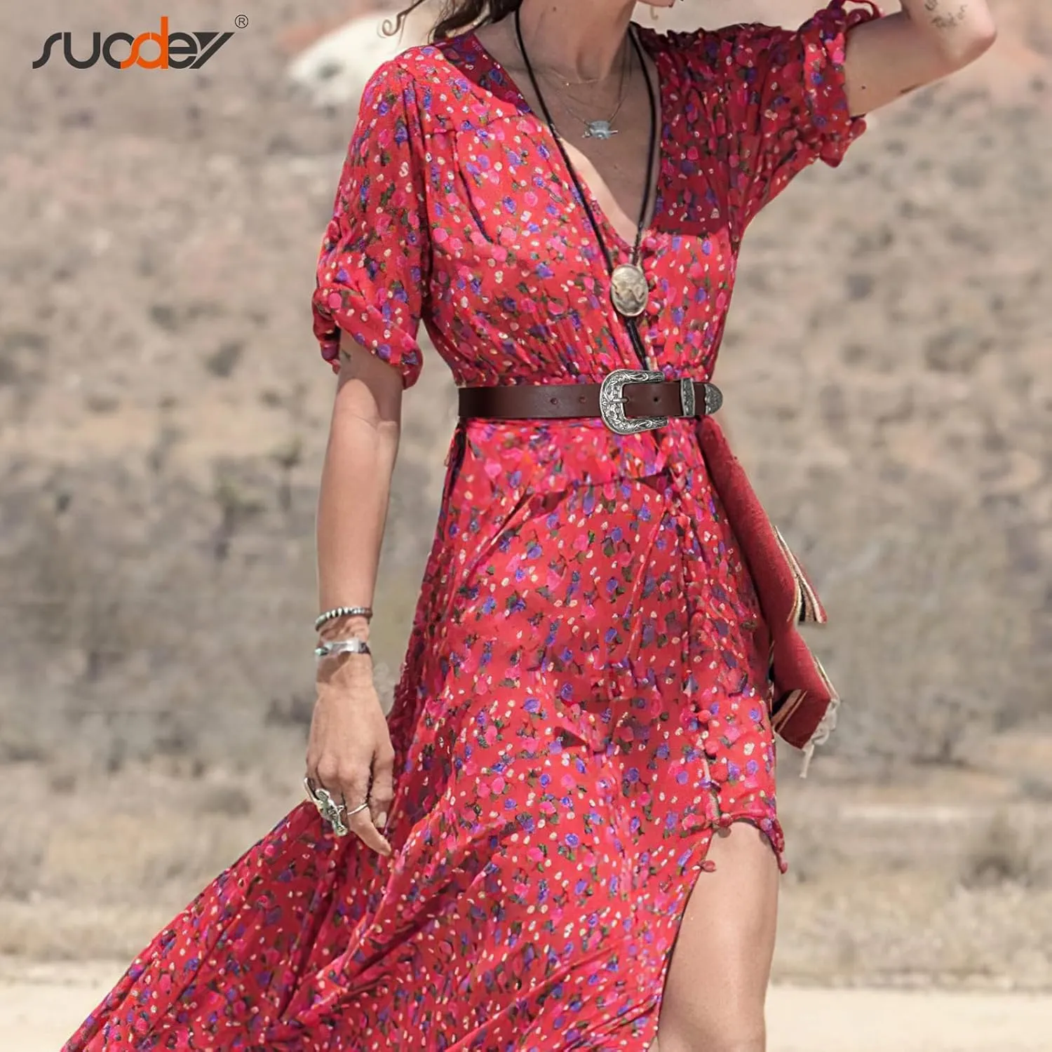 SUOSDEY Western Leather Belts for Women with Vintage Metal Buckle Belt