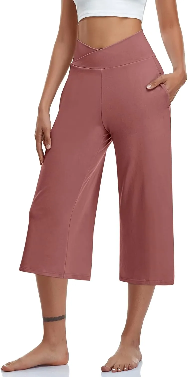 TARSE Womens Casual Wide Leg Yoga Capris Crossover High Waist Capri Pants Loose Soft Pajama Pockets Sweatpants