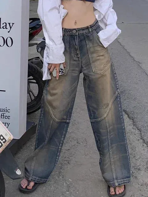 TAVIMART  -  Washed Patchwork High Waist Jeans for Women American Vintage Distressed Straight Jeans Hip Hop High Street Wide Leg Trousers