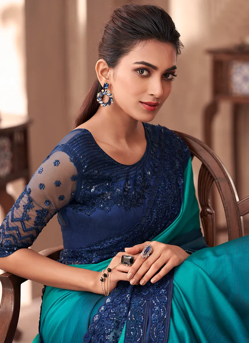 Teal Blue Sequence Embroidery Traditional Wedding Saree