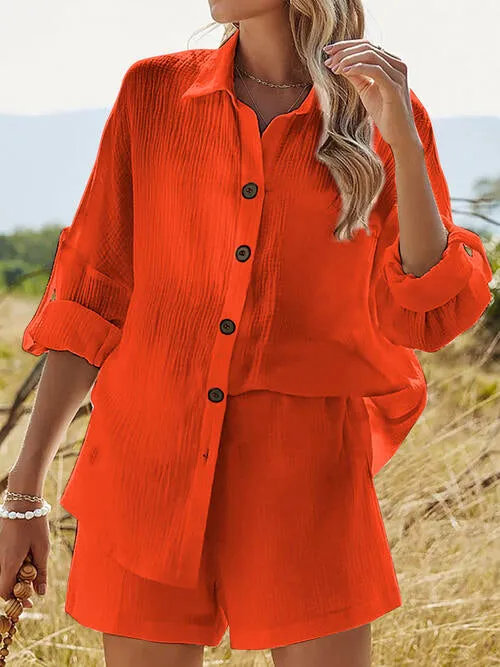Texture Button Up Shirt and Shorts Set