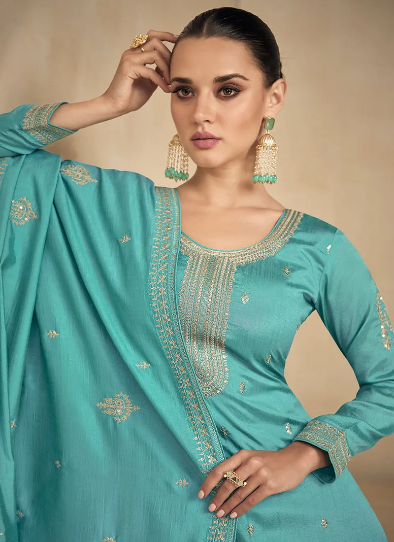 Turquoise Sequence Embroidery Pakistani Salwar Kameez