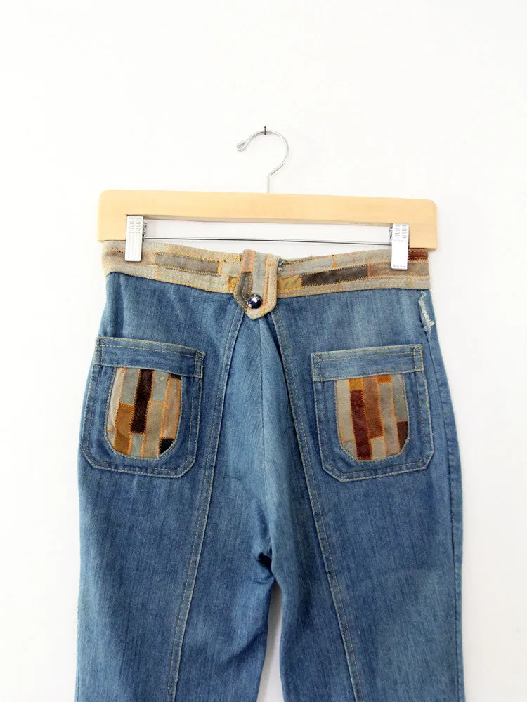 vintage 70s Laura denim jeans with leather, 28 x 32
