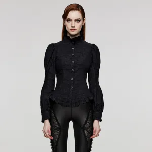 Vintage Court Style Shirt Goth Jacquard Puff Sleeves Stand Collar Shirt Women Slim Fitting Waistband Blouse