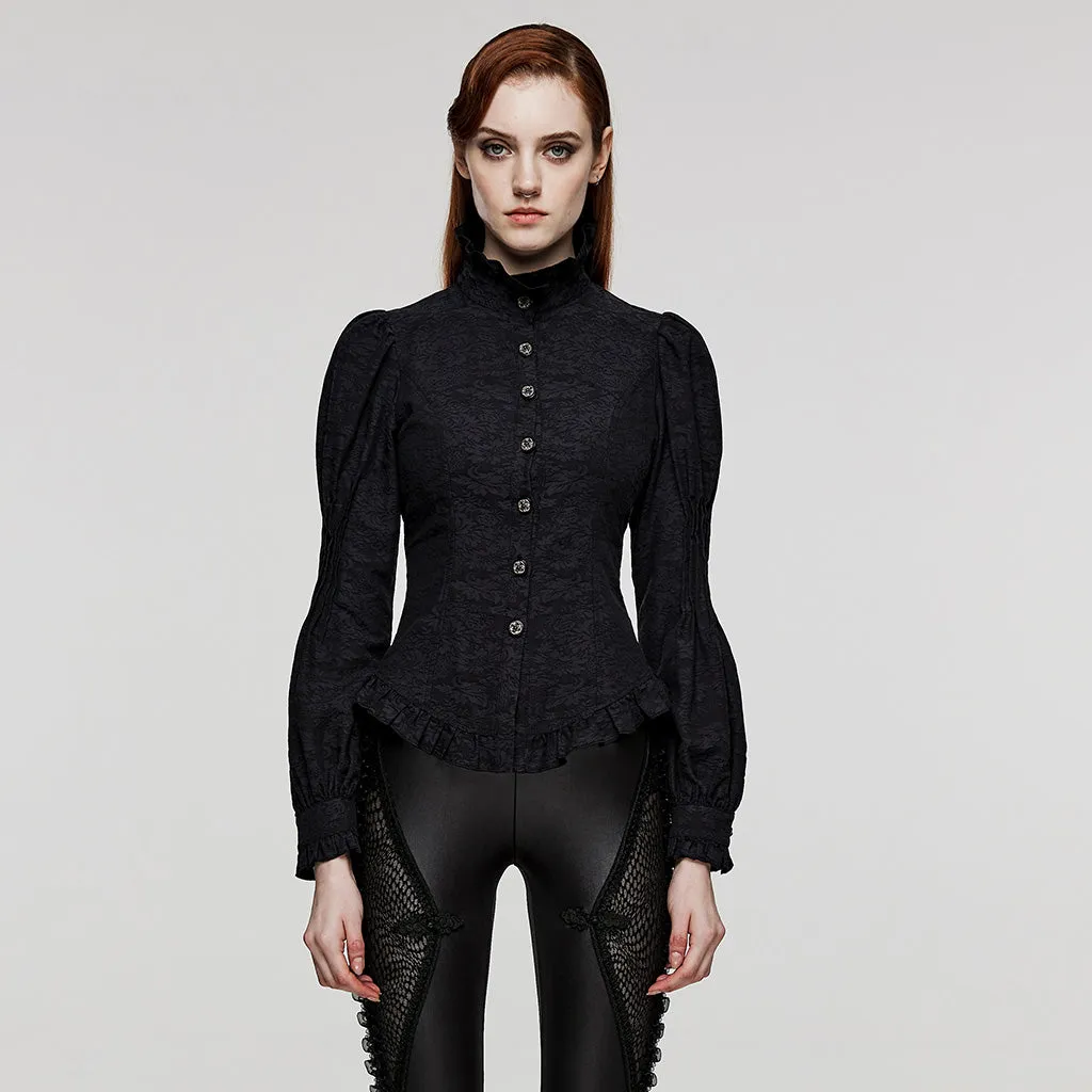 Vintage Court Style Shirt Goth Jacquard Puff Sleeves Stand Collar Shirt Women Slim Fitting Waistband Blouse