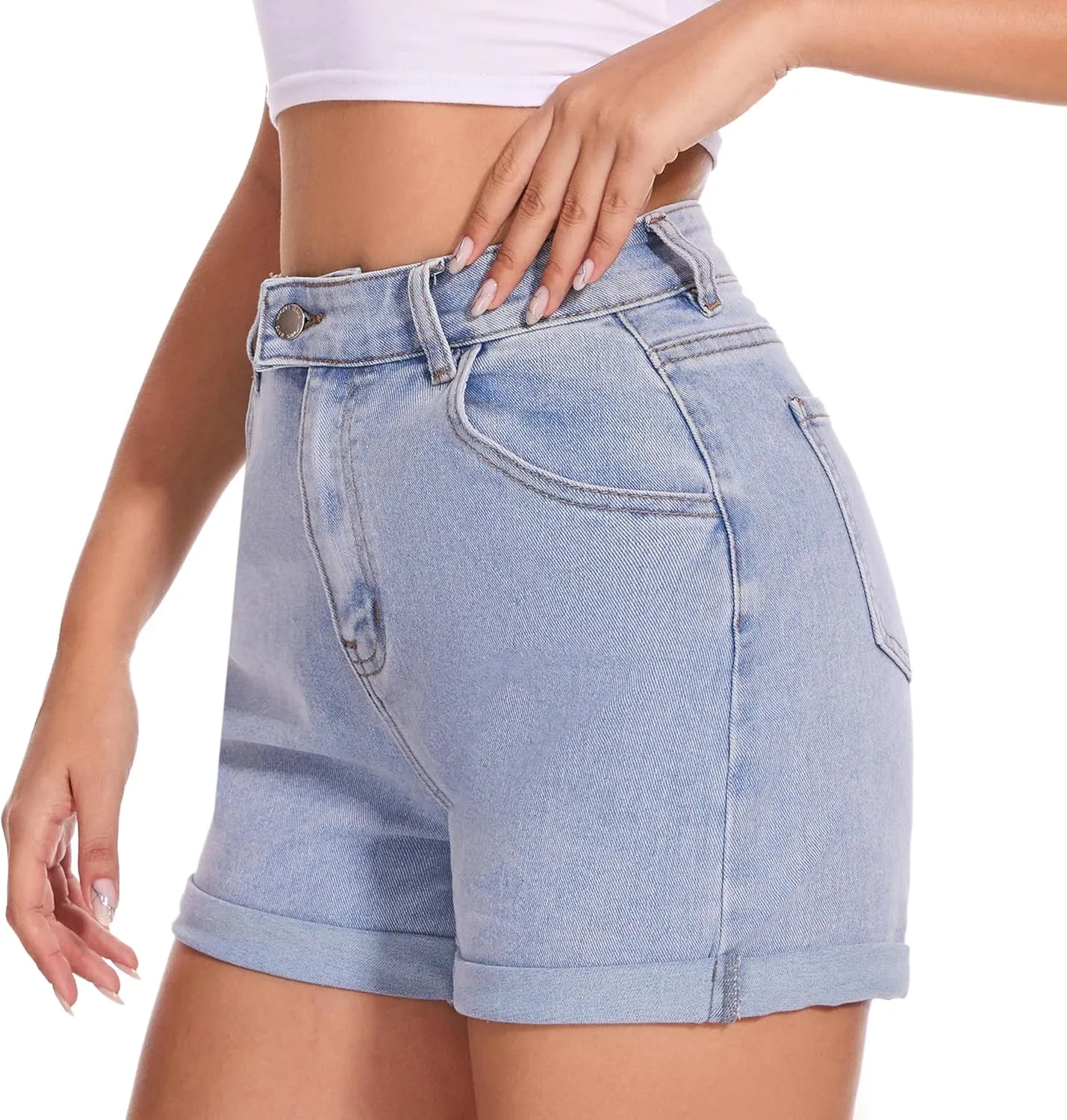 VIPONES Denim Shorts Women Stretchy High Waisted Fold Hem Jean Shorts 3.5 Inch Inseam Casual Summer Hot Shorts