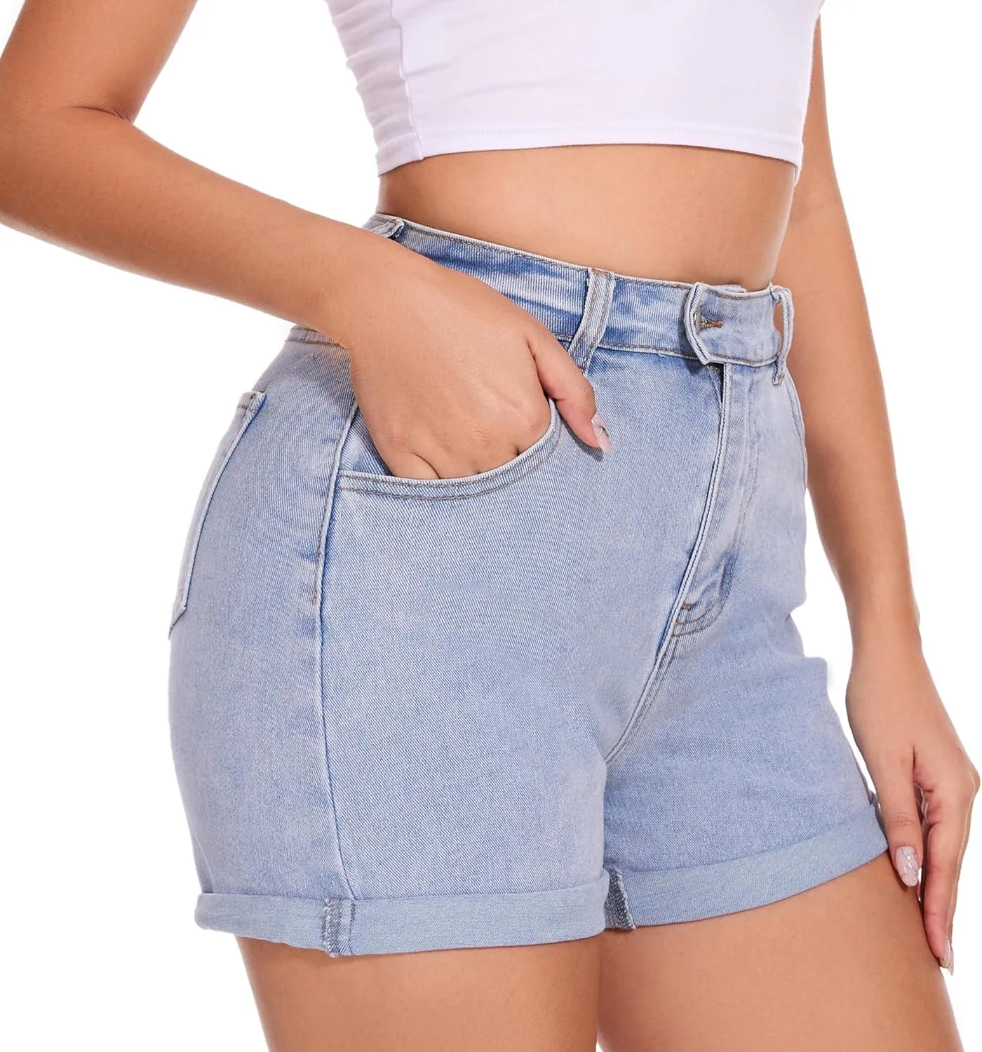 VIPONES Denim Shorts Women Stretchy High Waisted Fold Hem Jean Shorts 3.5 Inch Inseam Casual Summer Hot Shorts