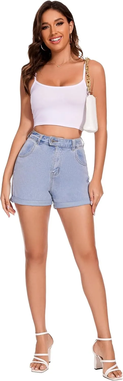 VIPONES Denim Shorts Women Stretchy High Waisted Fold Hem Jean Shorts 3.5 Inch Inseam Casual Summer Hot Shorts