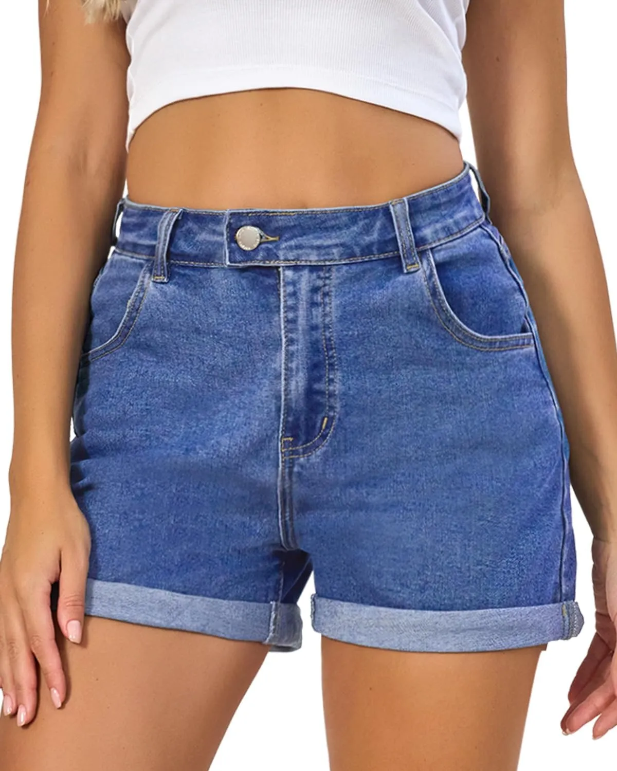 VIPONES Denim Shorts Women Stretchy High Waisted Fold Hem Jean Shorts 3.5 Inch Inseam Casual Summer Hot Shorts