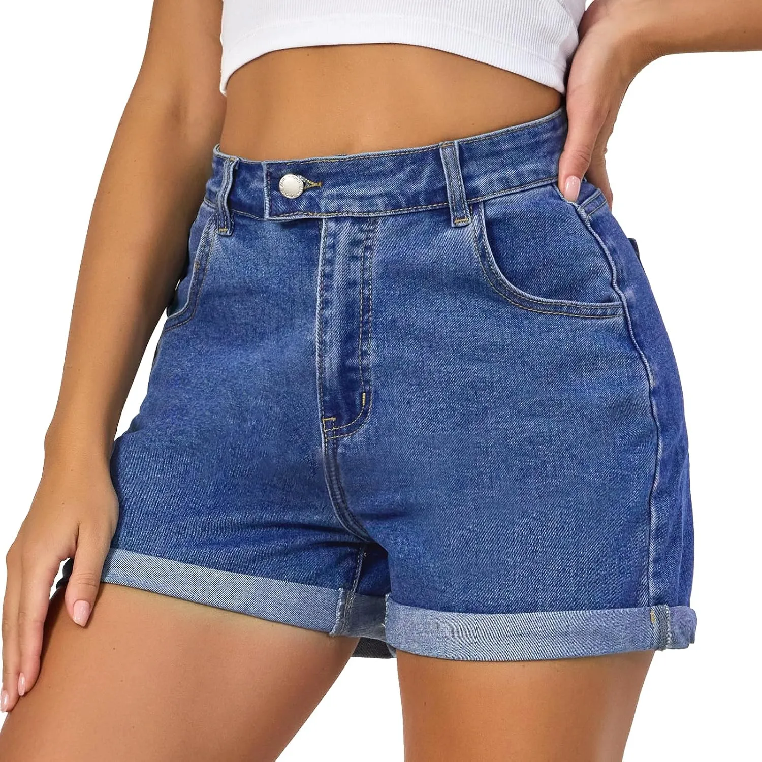 VIPONES Denim Shorts Women Stretchy High Waisted Fold Hem Jean Shorts 3.5 Inch Inseam Casual Summer Hot Shorts